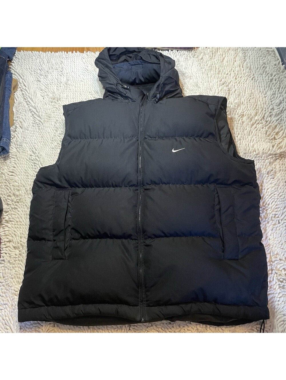 Vintage Nike Down Puffer Vest Mens XL Black Hooded Y2K Sun Faded Gradient Blue